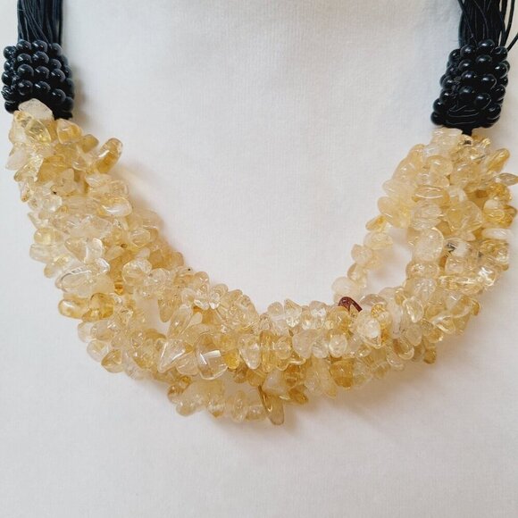 Citrine Chip Multi-Strand Necklace Black Cords Button Closure Semiprecious VGC - Picture 2 of 5